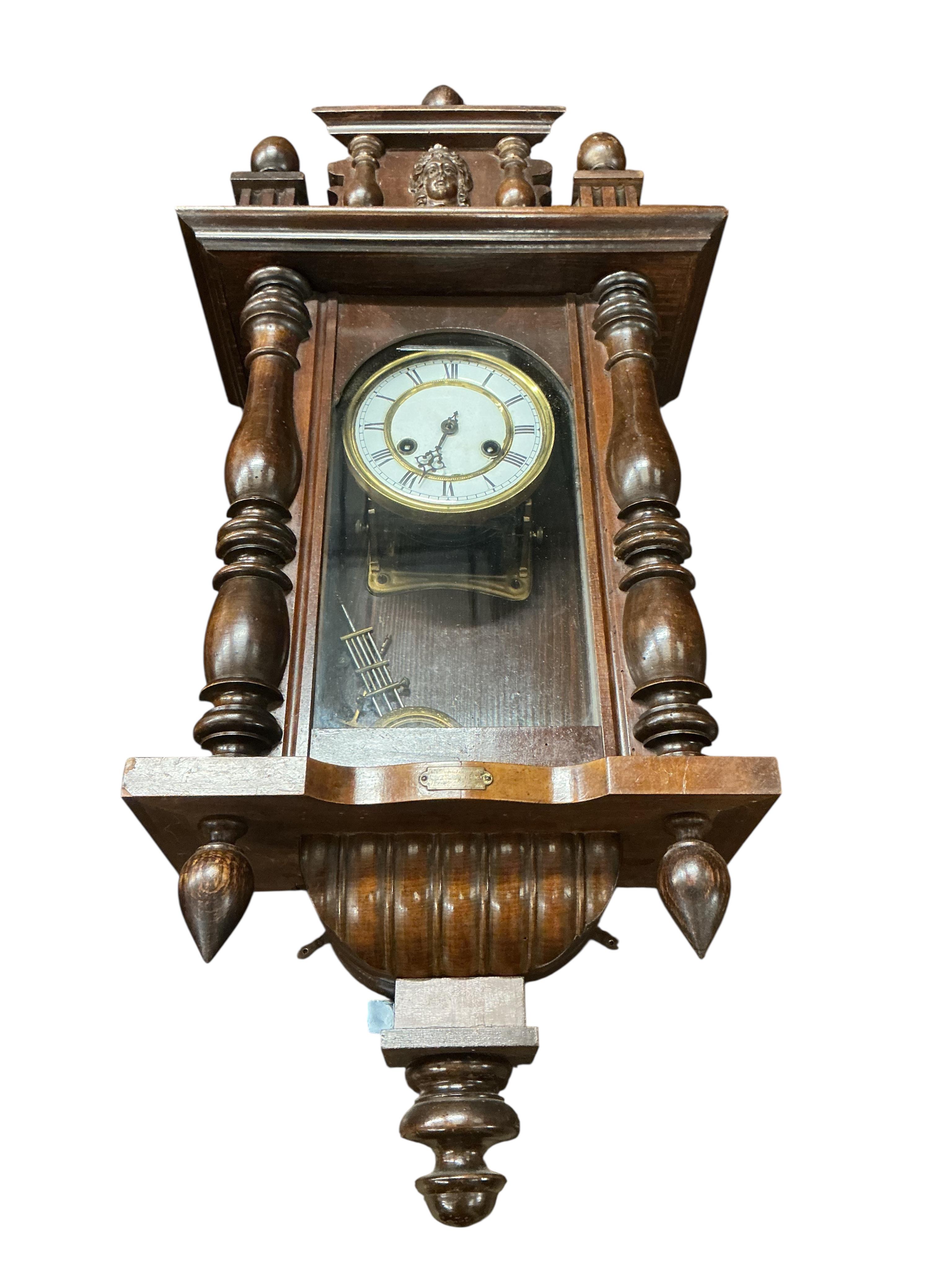 Two late 19th / early 20th century mahogany Vienna regulator wall clocks, larger 90cm